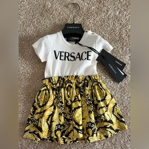 Versace White Logo Tee with Black and Gold Baroque Skirt - Kids Formal Dress